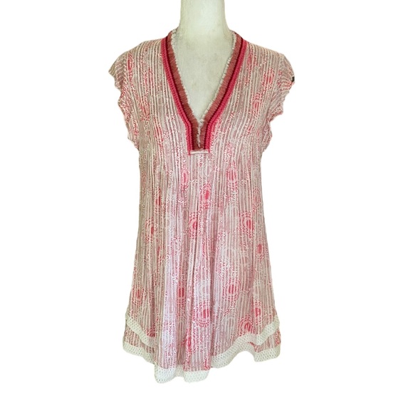 Poupette St Barth Sasha Pink Floral Fringe Crochet Pintuck Babydoll Dress  XS - Picture 4 of 16